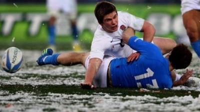 England's Owen Farrell and Italy's Tommaso Benvenuti