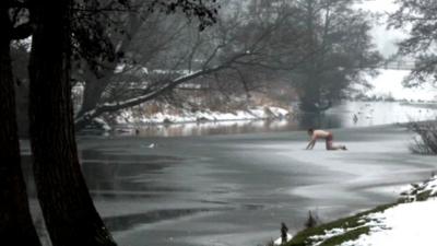 Man crawls over ice on River Stour to rescue dog