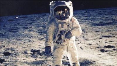 Astronaut Edwin E. Aldrin Jr. walking on the moon during the Apollo 11 mission, 20 July, 1969.