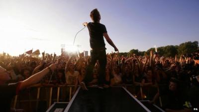 Damon Albarn of Blur in concert at London"s Hyde Park in 2009