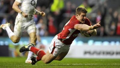 Scott Williams celebrates scoring a try