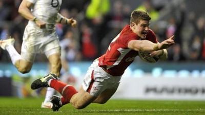 Scott Williams celebrates scoring a try