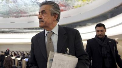 Syrian ambassador to UN Faysal Khabbaz Hamoui leaves UN Human Rights Council meeting