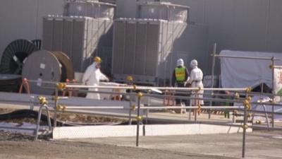 Fukushima workers in protective clothing