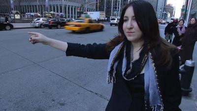 Deborah Feldman hailing a taxi