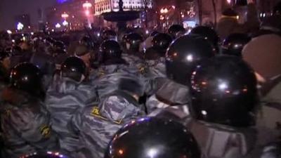 Police scrum in response to demonstrations in Moscow.