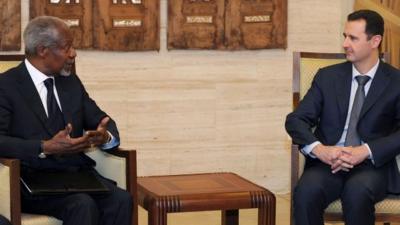 Kofi Annan (left) meets Syrian President Bashar al-Assad