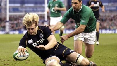 Richie Gray touches down for a Scotland try in Ireland