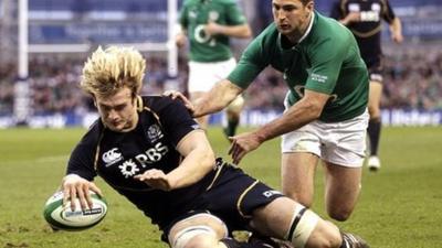 Richie Gray touches down for a Scotland try in Ireland