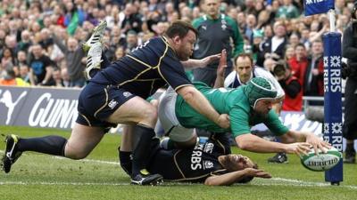 Ireland's Rory Best scores a try against Scotland