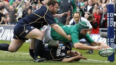 Ireland's Rory Best scores a try against Scotland