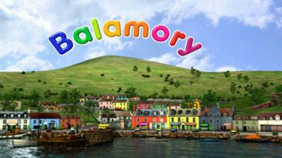 Colourful computer generated scene of harbour of fictional Scottish village of Balamory