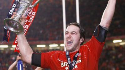 Wales captain Ryan Jones celebrates with the Six Nations trophy in 2008