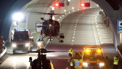 Rescue helicopter at Swiss motorway tunnel near Sion