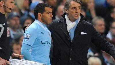 Carlos Tevez comes off the bench for Manchester City against Chelsea