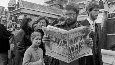 The Sun newspaper with the headline IT'S WAR following the invasion of the Falkland Islands by Argentina, April 3rd 1982