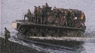 British troops on landing craft, San Carlos 1982