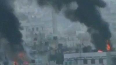 Buildings on fire in Syria