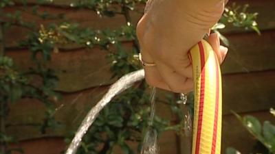 Woman using hose in garden