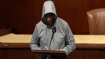 Democratic Congressman Bobby Rush wears a hoodie on the floor of the House, Washington, DC, 27 March 2012