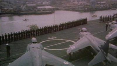 Aircraft and crew on the flightdeck of HMS Invincible, 1982