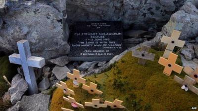 Commemorative plaque and crosses at Mount Longdon, near Stanley, where the soldiers bitterly fought during the Falklands war.