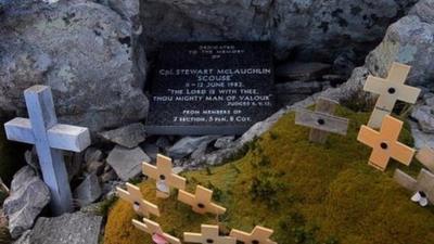 Commemorative plaque and crosses at Mount Longdon, near Stanley, where the soldiers bitterly fought during the Falklands war.