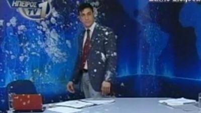 Panagiotis Vourhas covered in eggs and yoghurt on set