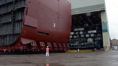 Hull section of the HMS Queen Elizabeth being moved