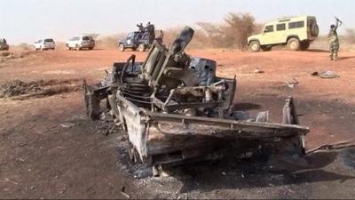 Burnt-out husk of a vehicle in Heglig.