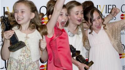 Best Actress in a Musical winners, Sophia Kiely, Eleanor Worthington Cox, Kerry Ingram and Cleo Demetriou of Matilda The Musical