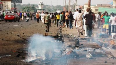 The aftermath of a bombing in Kaduna which Boko Haram is suspected of having carried out