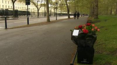 Flowers on Birdcage Walk in memory of Claire Squires