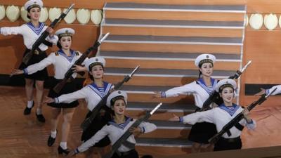 Military performers take part in a concert marking the 80th anniversary of the founding of the North Korean army