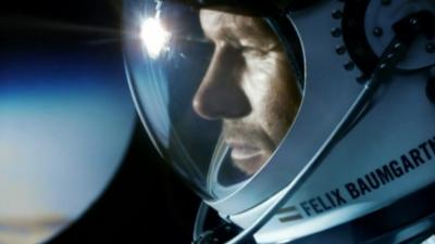Felix Baumgartner in pressure suit helmet