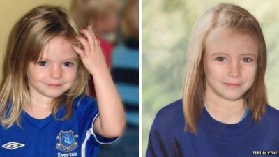 Madeleine McCann, aged 4 and age progression image of her aged 9