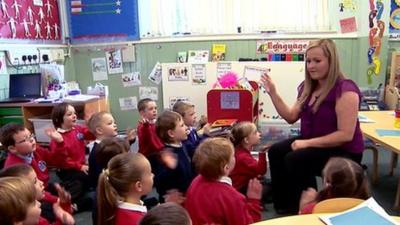 Primary school teacher and children in class