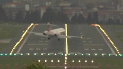 Plane coming in to land at Bilbao's Loiu airport