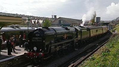 Locomotive arriving at Swanage railway station