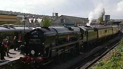 Locomotive arriving at Swanage railway station