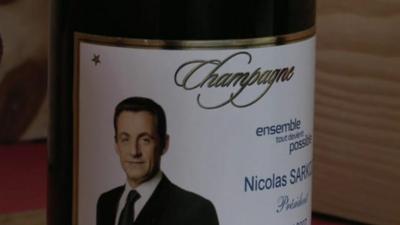 Champage bottlewith President Sarkozy's picture on the label