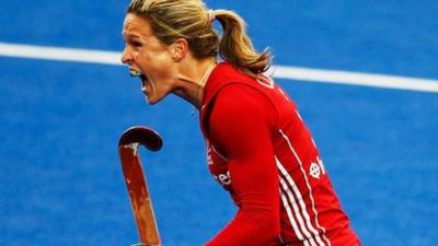 Crista Cullen of Great Britain celebrates scoring the first goal