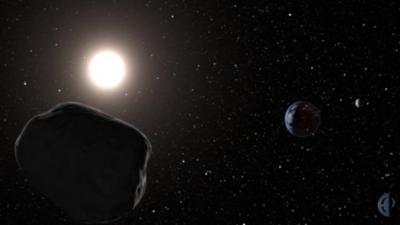 Outer space picture with asteroid or rock in front of other planets