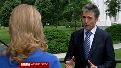 Nato Secretary-General Anders Fogh Rasmussen speaks to the BBC's Katty Kay outside the White House 9 May 2012