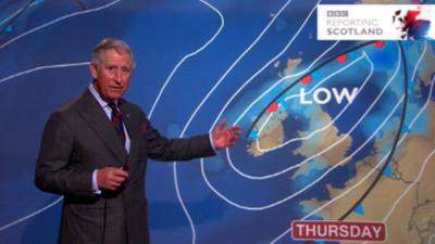 Prince Charles presents the weather forecast on BBC Reporting Scotland
