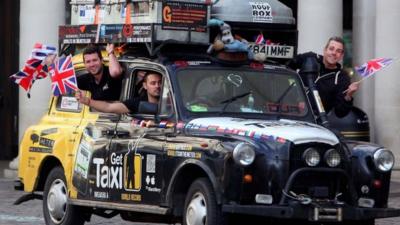 Paul Archer, Johno Ellison and Leigh Purnell in their London black cab