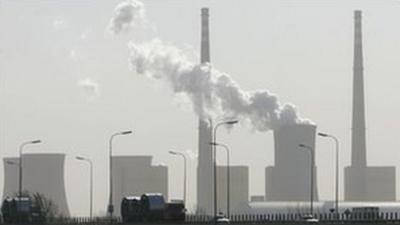 Cooling tower outside Beijing emitting smoke