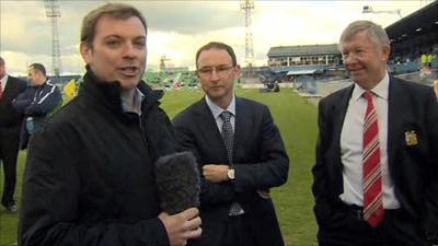 BBC Sport NI's Thomas Kane with Martin O'Neill and Sir Alex Ferguson