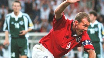 Alan Shearer scores for England against Germany in Euro 2000