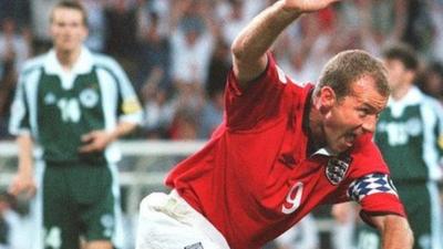 Alan Shearer scores for England against Germany in Euro 2000